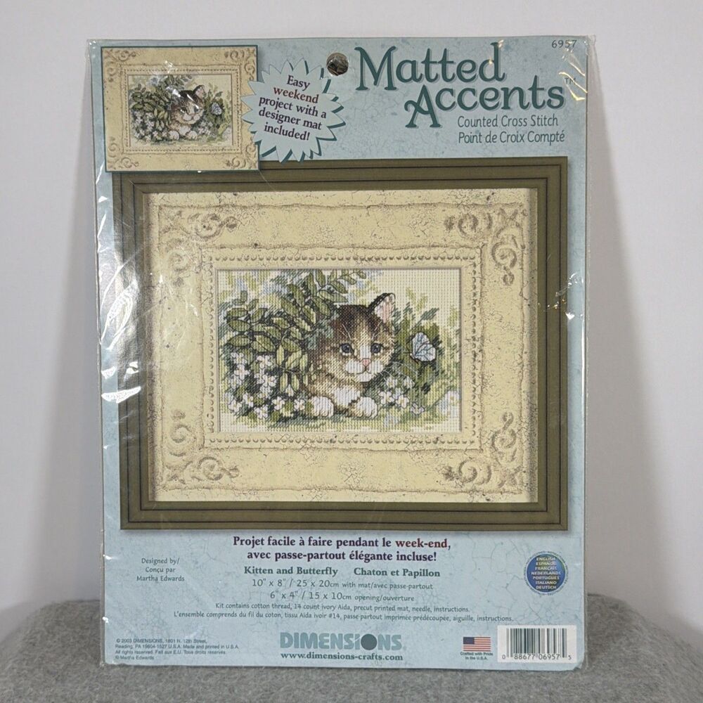 DIMENSIONS Matted Accents KITTEN and BUTTERFLY Counted Cross Stitch Kit 6957 NEW